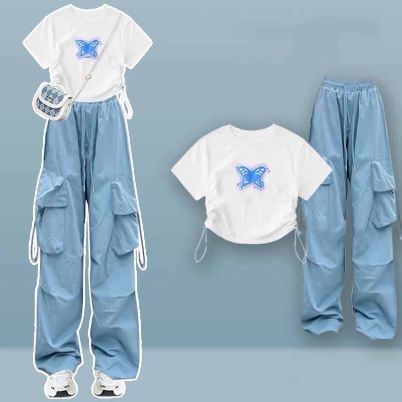 Butterfly Print Draw String T-Shirt Pocketed Cargo Pants modakawa