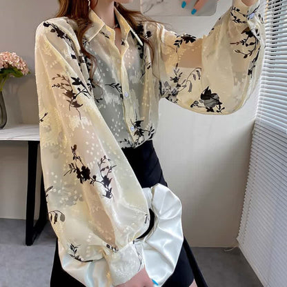 Floral Embroidery Puff Sleeve Chiffon Shirt modakawa