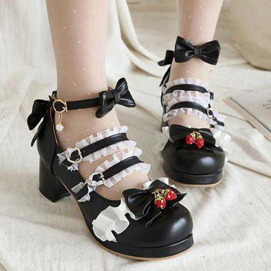 Kawaii Lace Bow Lolita Kitten Heel Mary Janes Shoes Modakawa