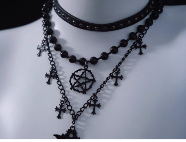 Pentagram Cross Pendant Black Triple Layered Necklace mySite