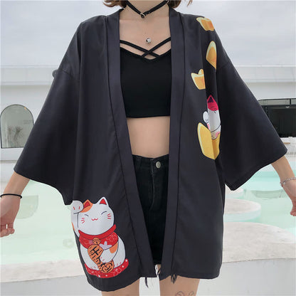 Lucky Cat Letter Print Cardigan Kimono Outerwear modakawa