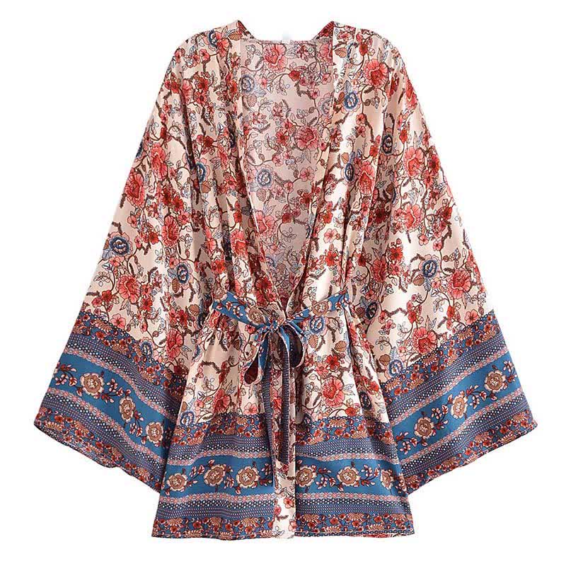 Boho Flower Print Belt Cardigan Outerwear modakawa