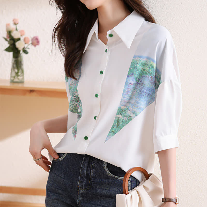 Chic Painting Print Chiffon Lapel Shirt modakawa