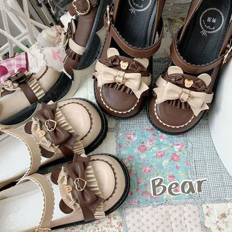 Vintage Bow Knot Button Bear Platform Lolita Shoes modakawa