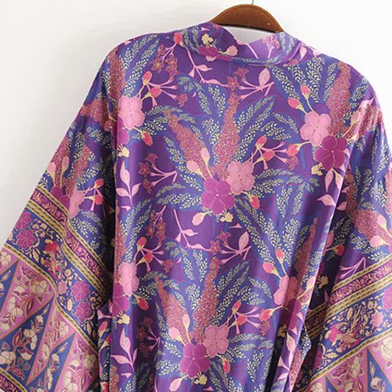 Pink Beach Flower Print Belt Robe Cardigan Outerwear modakawa