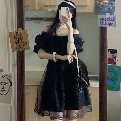 Black Lace Bow Knot Square Collar Tulle Dress modakawa