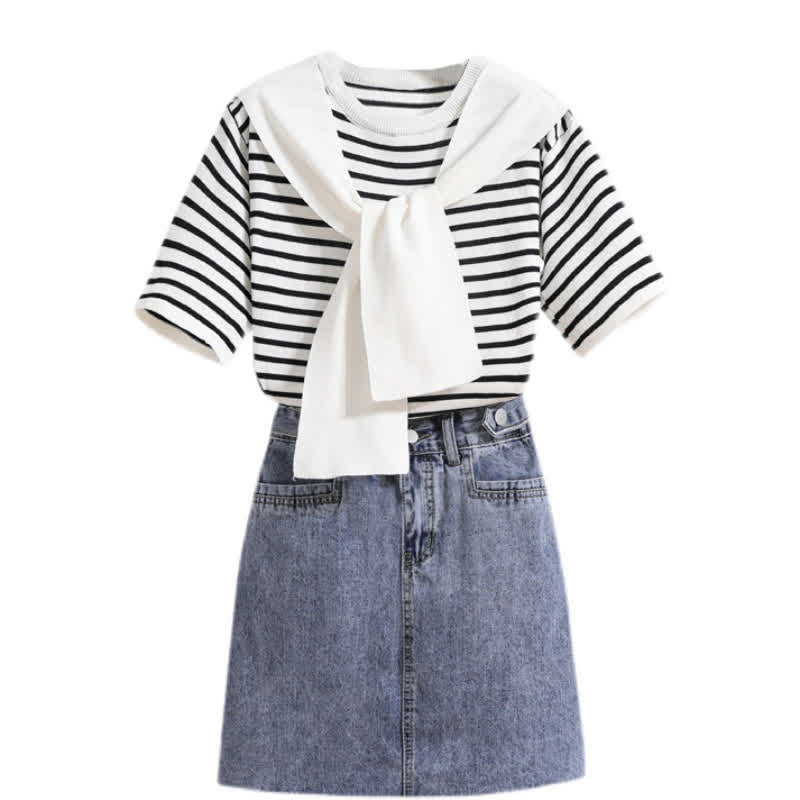 Chic Stripe Round Collar T-Shirt Denim Skirt modakawa