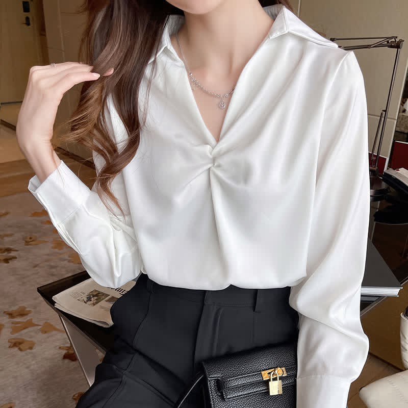 Elegant Pure Color Ruffled Satin Shirt Workwear modakawa