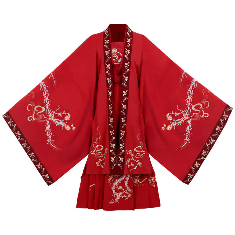 Red Phoenix Embroidery Tank Top Big Sleeve Cardigan Shirt Skirt Hanfu Set Modakawa