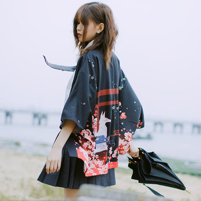 Fox Sakura Print Loose Cardigan Kimono Outerwear Modakawa