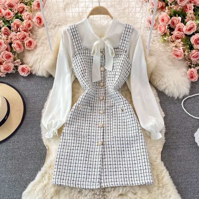 Elegant Plaid Slip Dress Lace Up Shirt Set modakawa