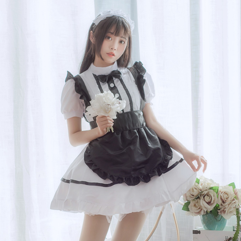 Kawaii Cosplay Lolita Maid Costume Dress Ruffle White Black Modakawa