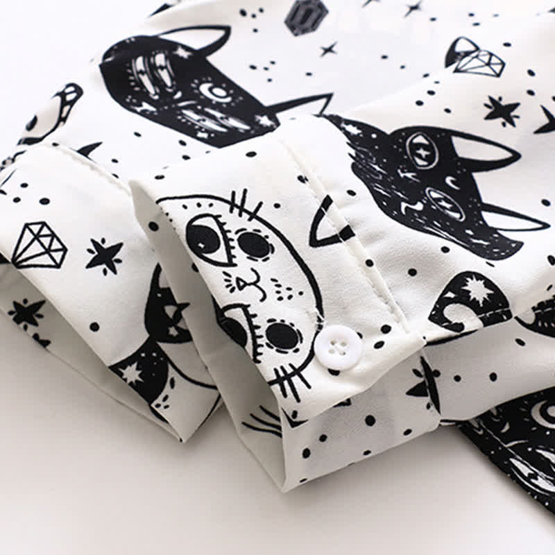 Black White Kitty Print Lapel Chiffon Shirt modakawa