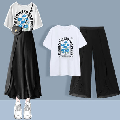 Chic Printed T-Shirt Chiffon Split Pants Set modakawa