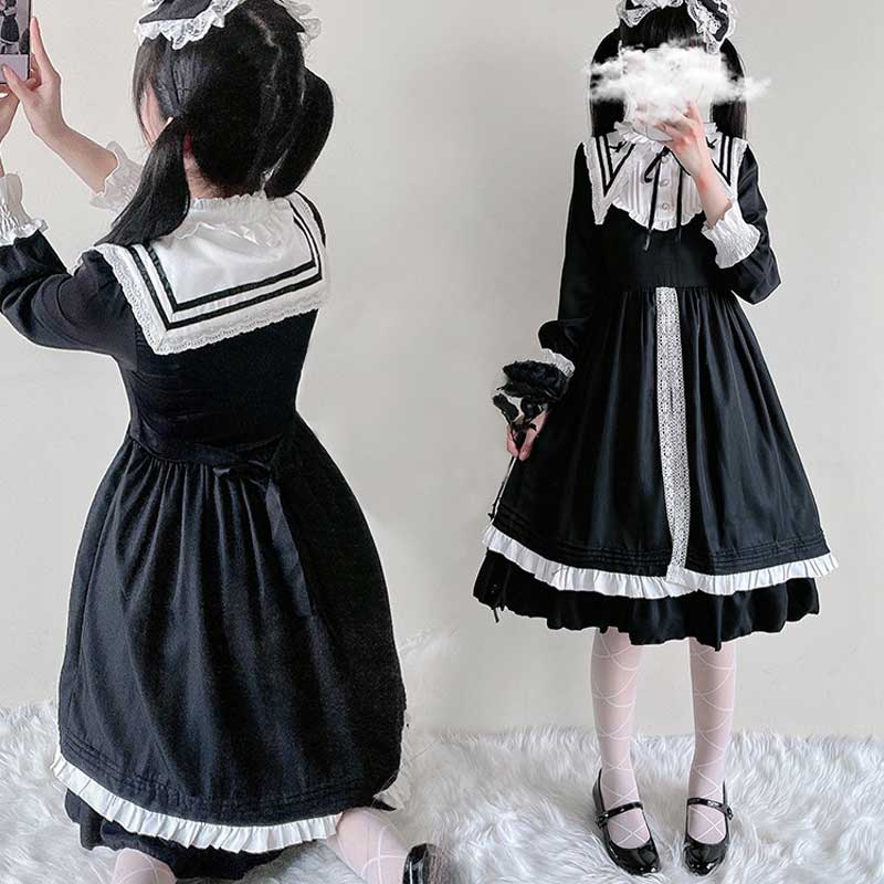 Elegant Lace Up Lolita Dark Maid Dress Modakawa