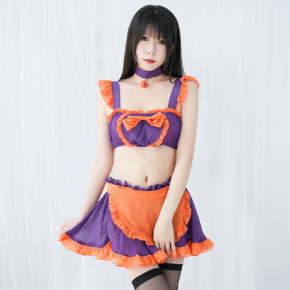 Pumpkin Bell Bow Decor Chiffon Maid Lingerie Set Modakawa