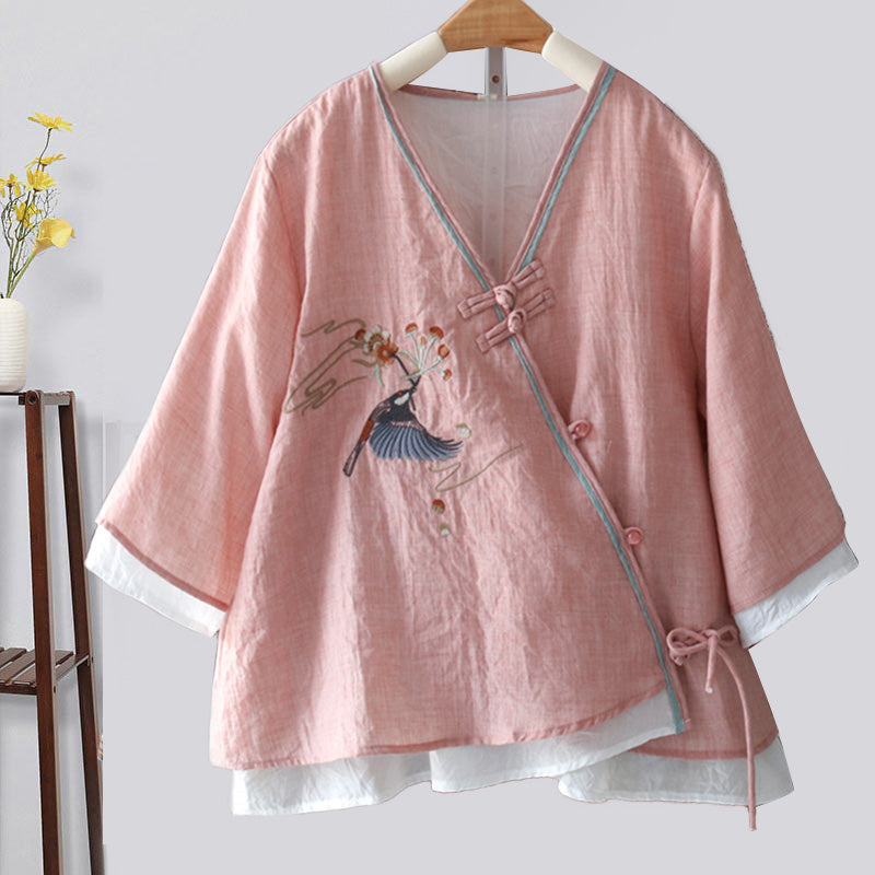 Vintage Bird Embroidery Buckle Shirt Modakawa