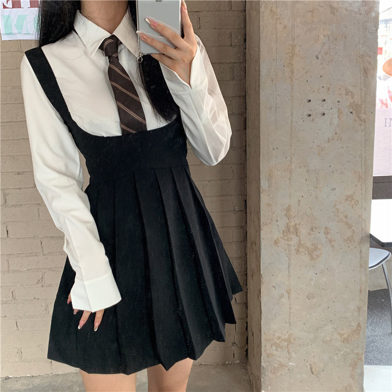 White Shirt Pleated Suspender Skirts Tie Set Modakawa