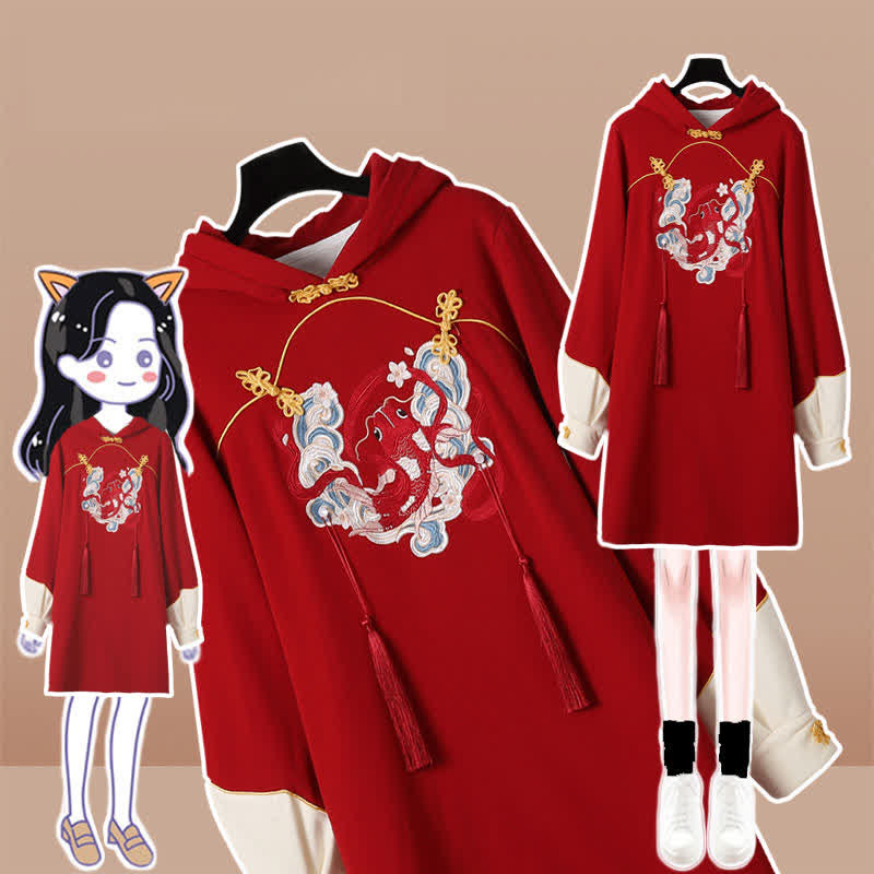 Koi Fish Fringed Buckle Hoodie Sweatshirt Dress Modakawa