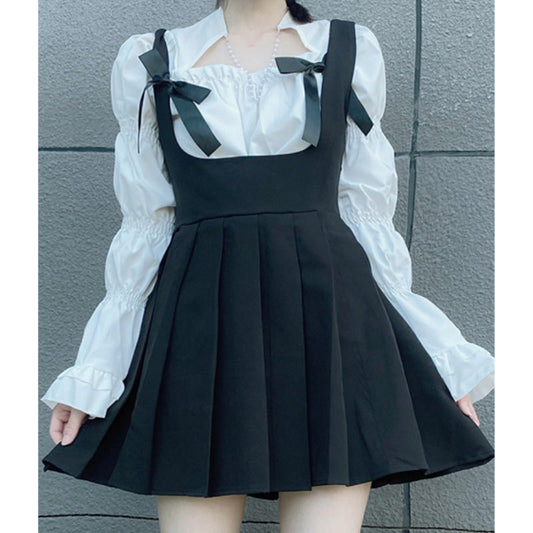 Sweet Square Collar Puff Sleeve Shirt Pleated Suspender Skirt Set modakawa