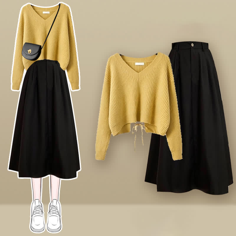 Chic Lace Up Knit Sweater A-line Skirt Set modakawa