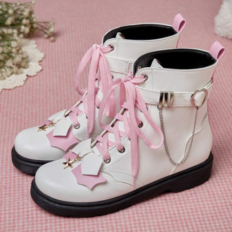 Pink Bow Knot Chain Lace-up Front Boots Modakawa