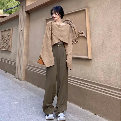 Cross Knit Sweater Lapel Shirt High Waist Pants Set Modakawa