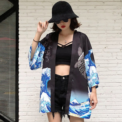 Vintage Wave Carp Print Casual Cardigan Kimono Outerwear modakawa