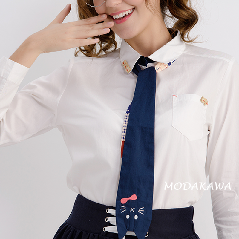 Cute Cat Tie Wooden Buckle Shirt Modakawa