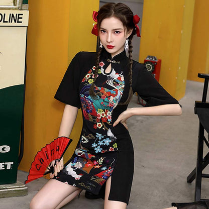 Charming Colorful Print Short Sleeve Cheongsam Dress modakawa