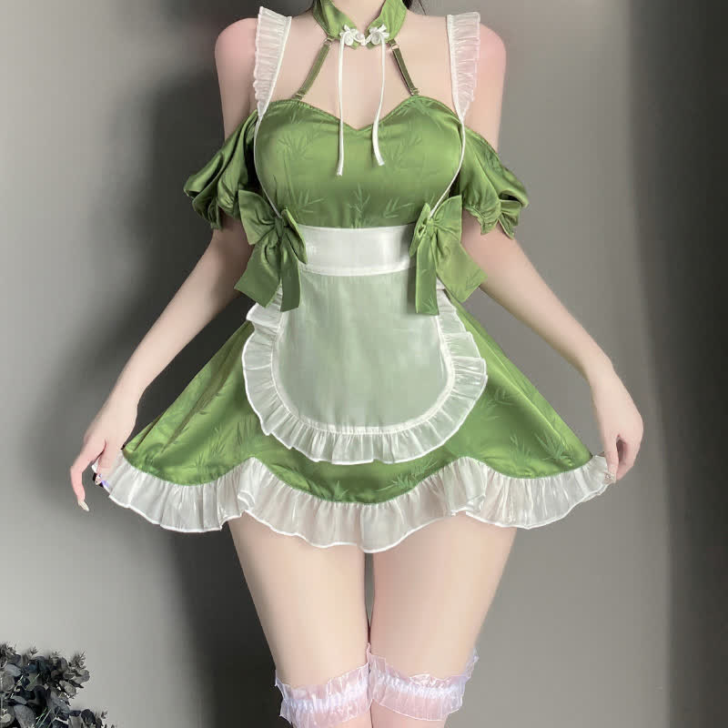 Green Maid Vintage Buckle Bow knot Lingerie Set modakawa