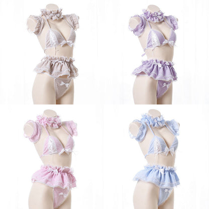 Sweet Lace Bow Knot Plaid Maid Bikini Lingerie Set Modakawa