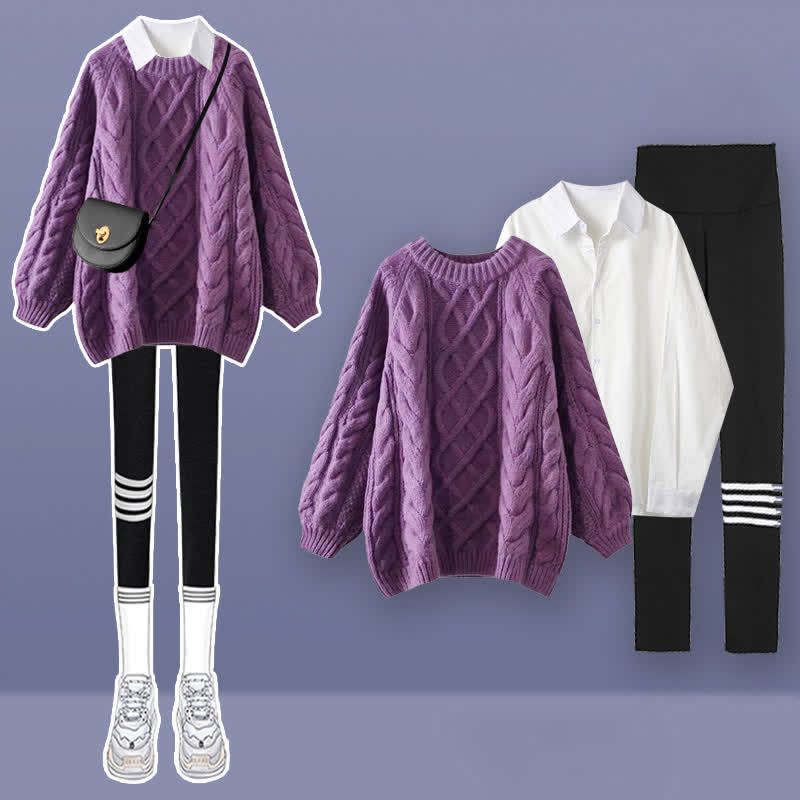 Purple Cable Round Collar Sweater Lapel Shirt Pants Set modakawa