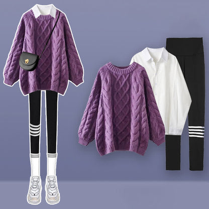 Purple Cable Round Collar Sweater Lapel Shirt Pants Set modakawa