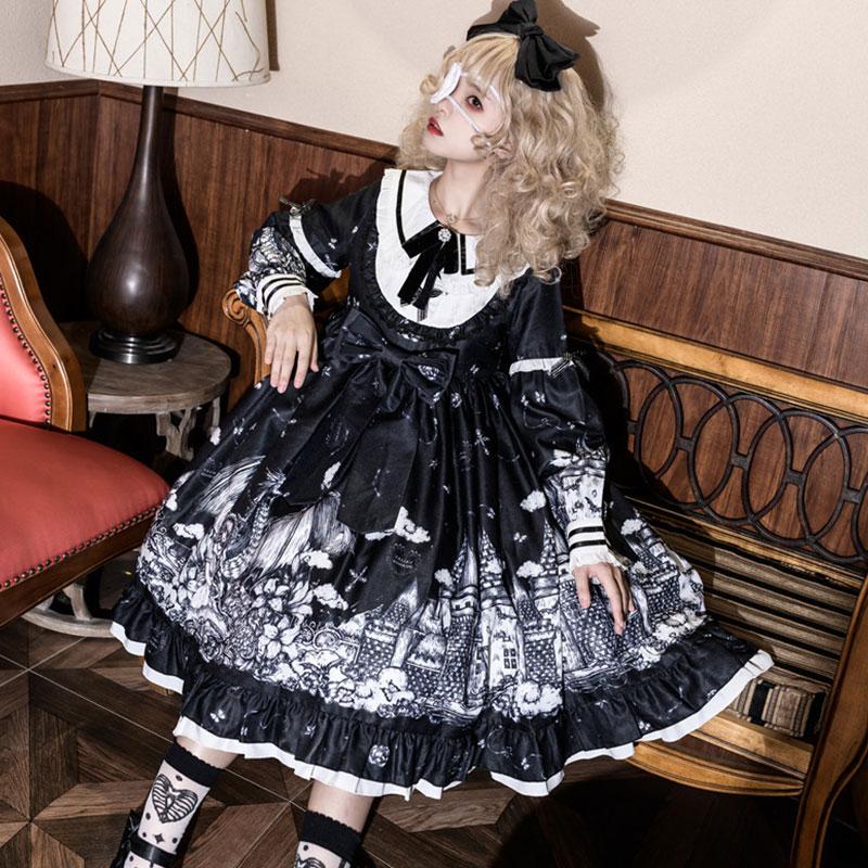 Y2K Gothic Print Bow Ruffle Doll Collar Lolita Dress Modakawa