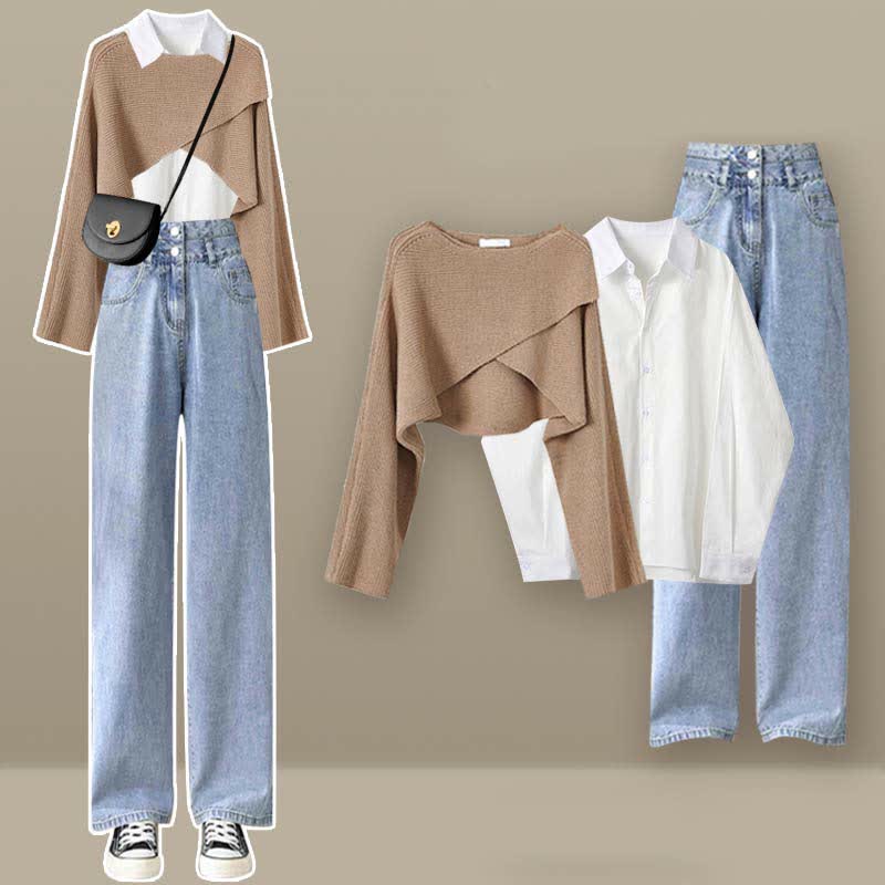 Chic Cross Knit Sweater Lapel Shirt Denim Pants Set Modakawa