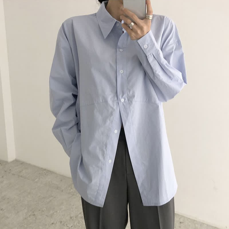 Lapel Pure Color Long Sleeve Loose Shirt Workwear modakawa