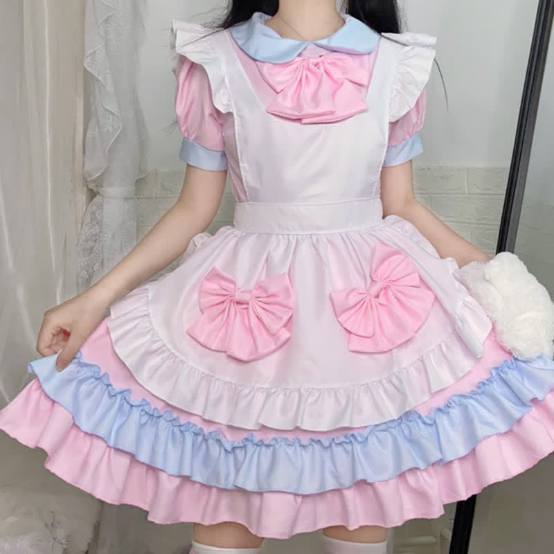 Sweet Pink Bow Knot Ruffled Maid Lolita Dress Modakawa