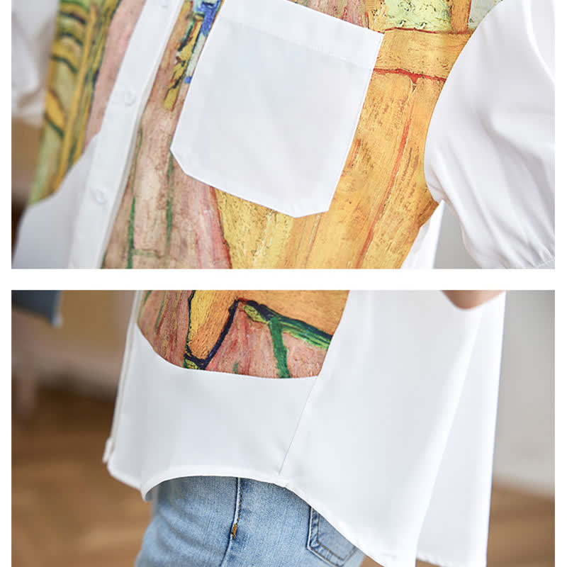 Colorblock Painting Print Pocket Lapel Shirt modakawa