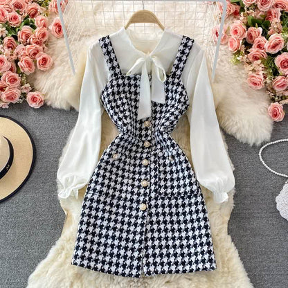 Elegant Plaid Slip Dress Lace Up Shirt Set modakawa