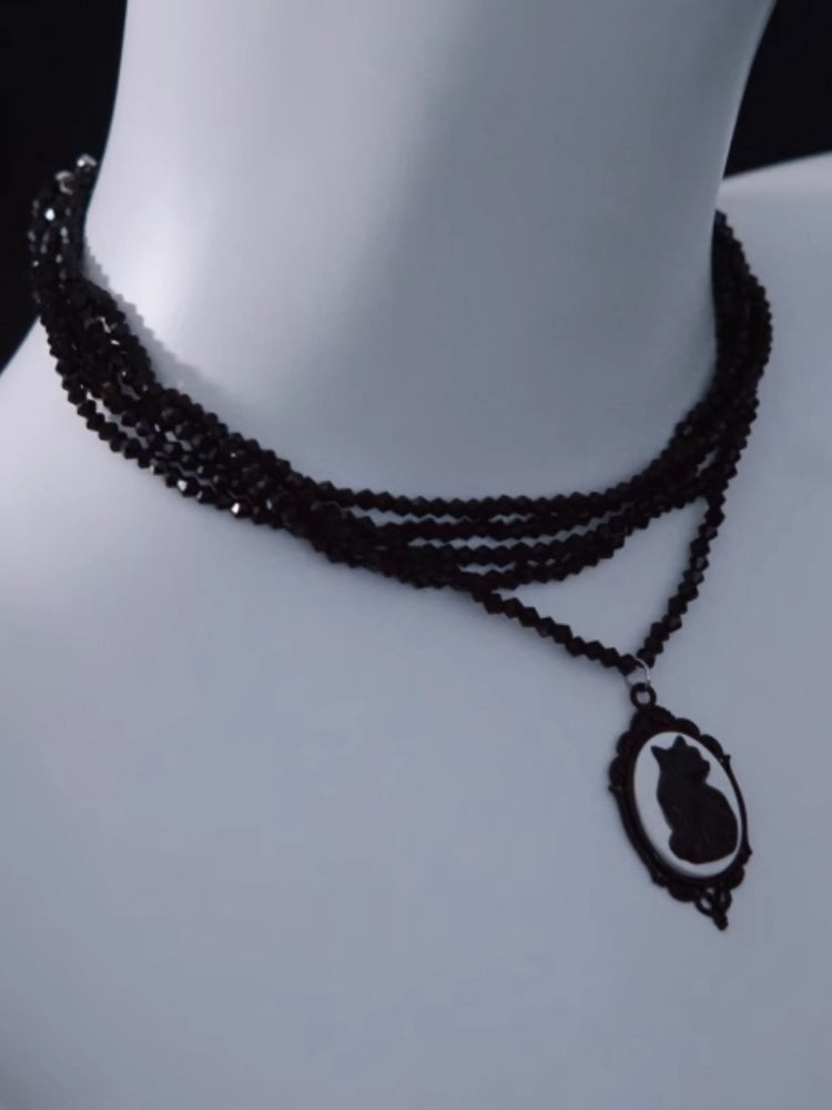 Vintage Black Cat Pendant Multi Layers Necklace mySite