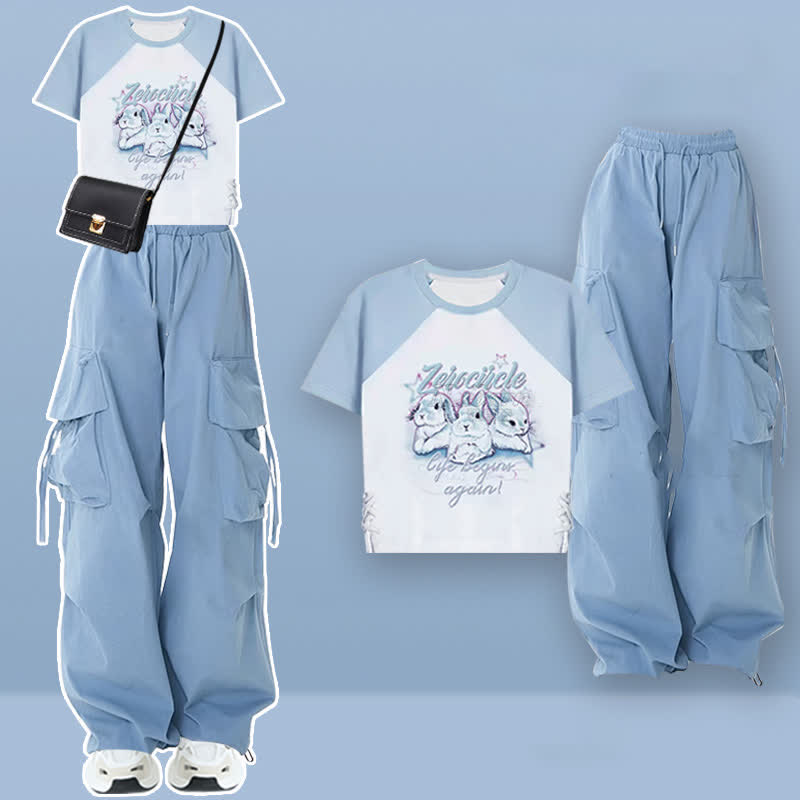 Rabbit Letter Print T-Shirt Pocketed Cargo Pants modakawa