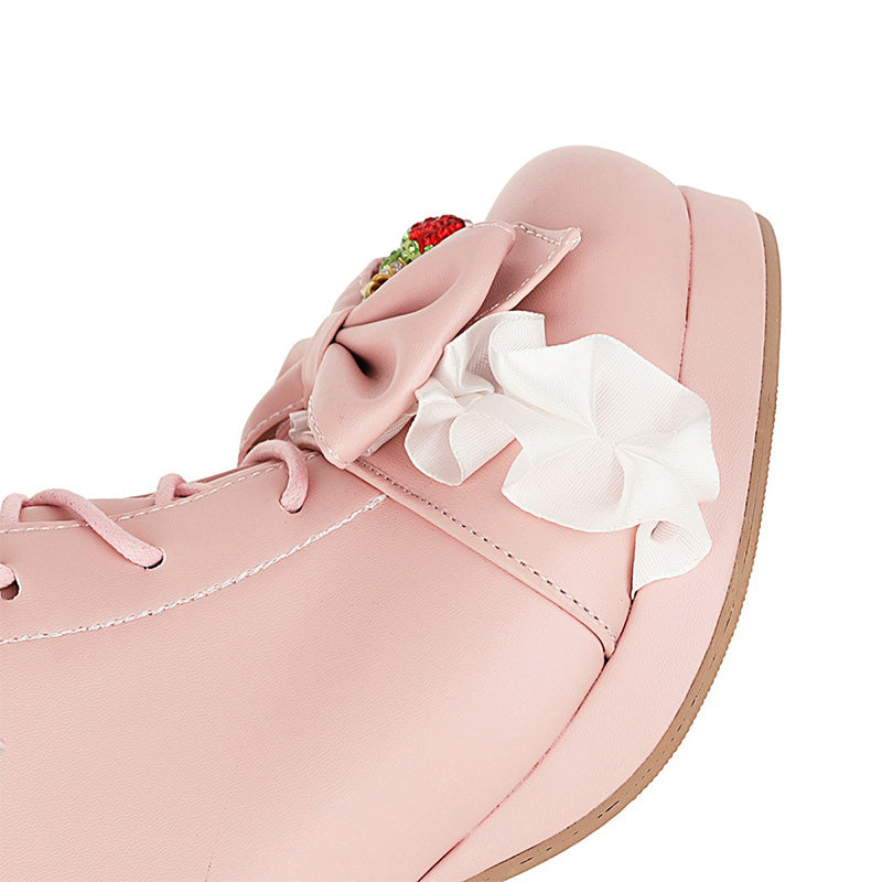 Sweet Strawberry Bow Lolita Lace Up Boots Modakawa