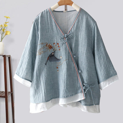 Vintage Bird Embroidery Buckle Shirt Modakawa