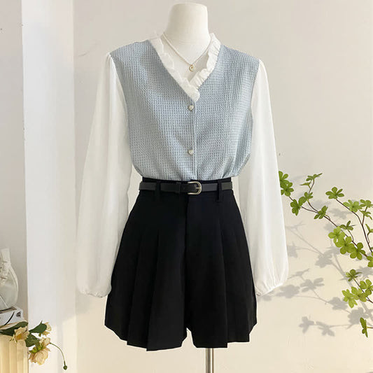 Chic Chiffon Sleeve Shirt High Waist Belted Pleated Skirt modakawa