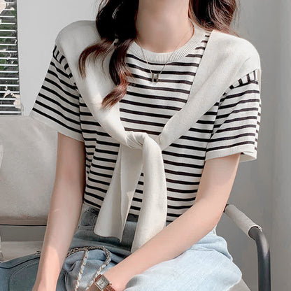 Chic Stripe Round Collar T-Shirt Denim Skirt modakawa