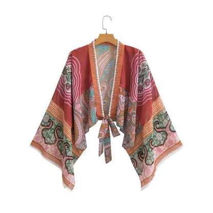 Boho Print Lace Up Cardigan Kimono Outerwear modakawa