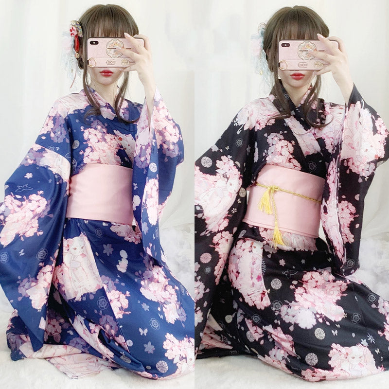 Vintage Cat Sakura Print Kimono Dress Modakawa