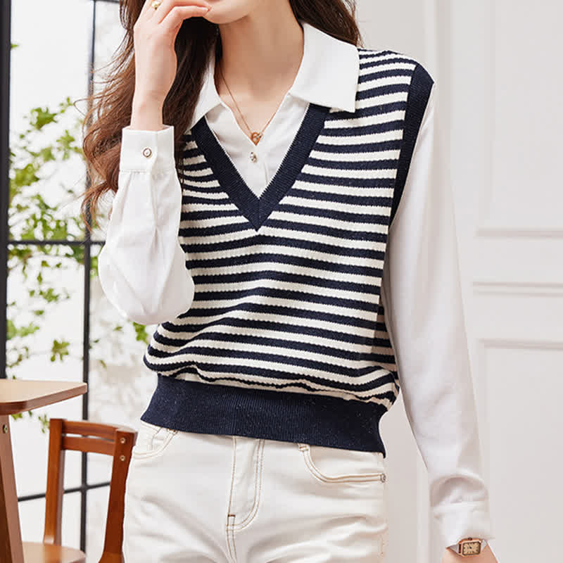 Stripe Fake Two Pieces Knit White Lapel Shirt SpreePicky