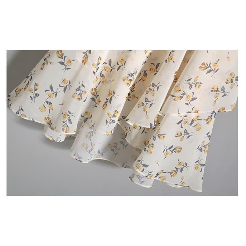 Yellow Flower Embroidery T-Shirt Floral Print Skirt modakawa